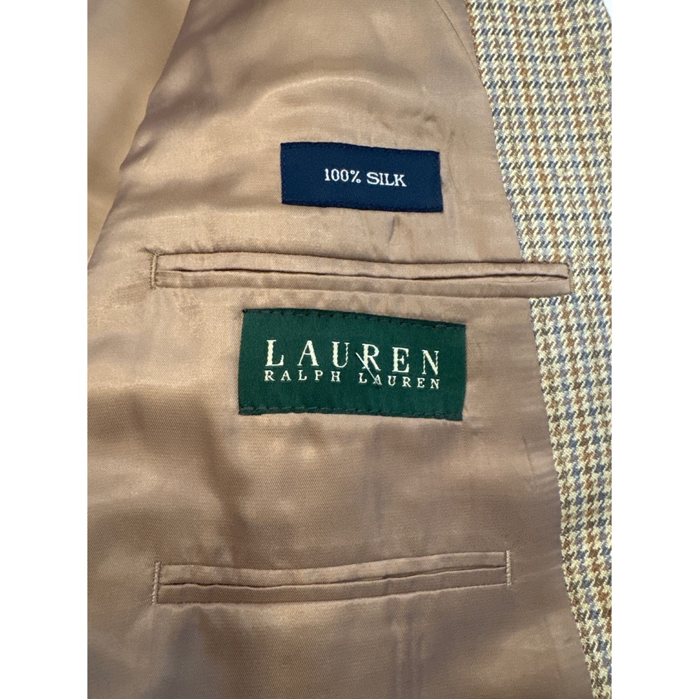 Lauren Ralph Lauren Mens 44R Houndstooth Silk Lined Sport Coat Blazer Tan Brown - Picture 6 of 8